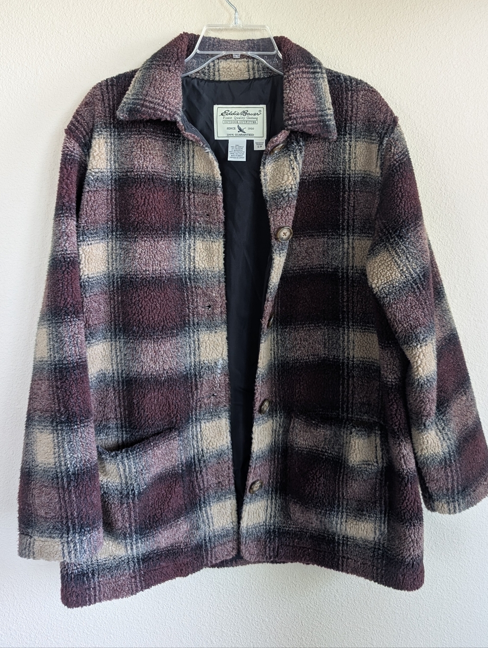 Vintage Eddie Bauer Size Small Plaid Sherpa Coat in Burgundy, Cream, Gray